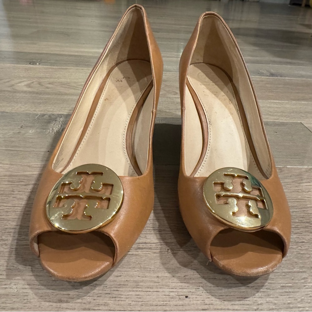 Tory Burch Tan Wedges with Gold Accents